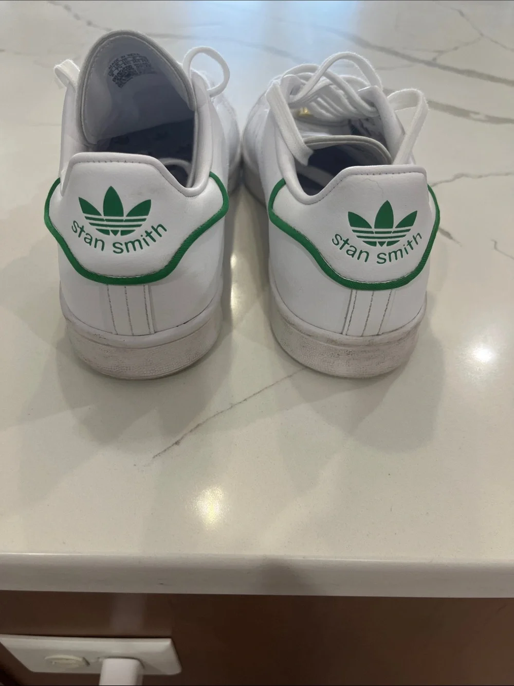 adidas White Stan Smith Sneakers with Green Heel Tab and Gold Lace Tags